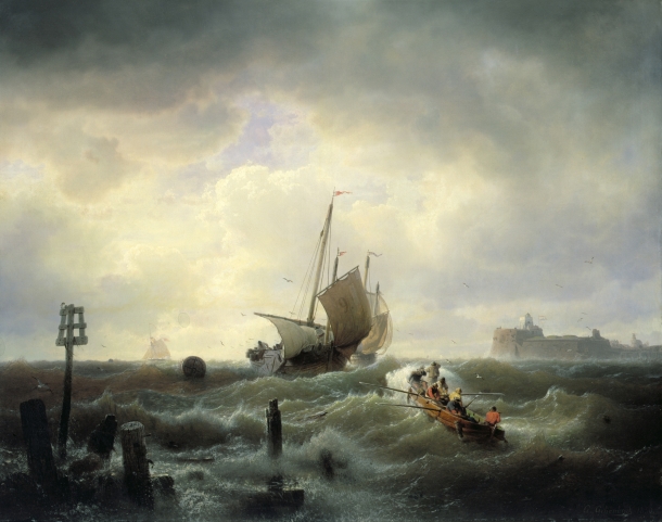 XKH223077 The Entrance to the Harbour at Hellevoetsluys, 1850 (oil on canvas) by Achenbach, Andreas (1815-1910); 87.5x112 cm; Hamburger Kunsthalle, Hamburg, Germany; German,  out of copyright