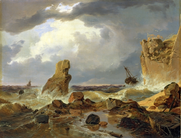 XKH204876 Surf on a Rocky Coast, 1835 (oil on canvas) by Achenbach, Andreas (1815-1910); 48.5x63 cm; Hamburger Kunsthalle, Hamburg, Germany; German,  out of copyright